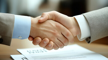 Handshake of two business people on the table with a contract document, close-up view.