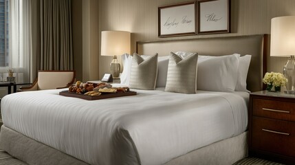 Neatly prepared bed in a luxury hotel room with a welcome tray including snacks and a handwritten note