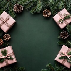 A festive arrangement of pink gifts surrounded by pine branches and cones.