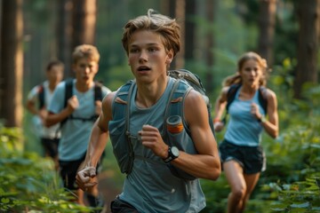 Naklejka premium A group of young runners participates in a cross-country race, navigating through a lush, green forest. They appear focused and determined as they move forward.
