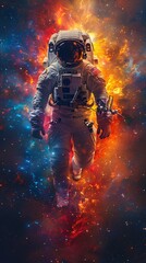 A solitary astronaut floating in the vastness, tethered by an astronaut in a spacesuit in zero gravity, with planet earth in the background.