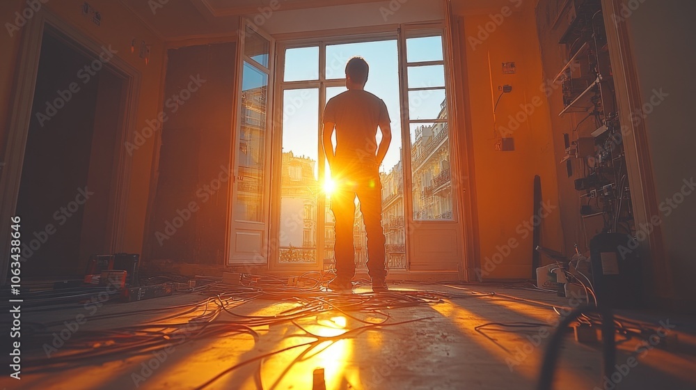 Poster a person stands silhouetted in a sunlit room, surrounded by scattered wiring on the floor. evening l
