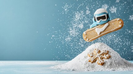 Snowboarding cookie decorated with icing winter gear, powdered sugar snow, joyful Christmas spirit