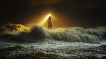 Lighthouse shining bright during a stormy night at sea