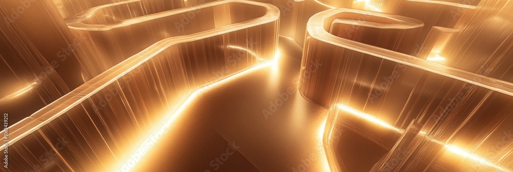 Poster abstract golden 3d structure with glowing lines.