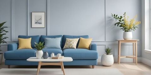 A modern living room with a blue sofa, white and yellow throw pillows, a wooden coffee table, and a potted plant on the windowsill.