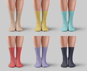 Mockup of colorful long socks on women's legs, high gaiters with elastic band for design, pattern,...