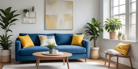 A modern living room with a blue sofa, white and yellow throw pillows, a wooden coffee table, and a potted plant on the windowsill.