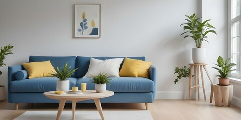 A modern living room with a blue sofa, white and yellow throw pillows, a wooden coffee table, and a potted plant on the windowsill.