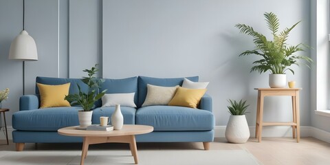 A modern living room with a blue sofa, white and yellow throw pillows, a wooden coffee table, and a potted plant on the windowsill.