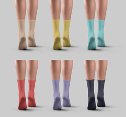 Mockup of colorful long gaiters on female legs on tiptoes, back view, isolated on background. Set