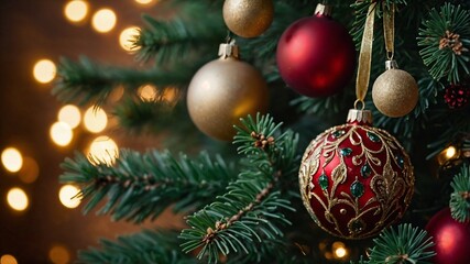 Christmas tree decorated with colorful balls and warm lights creating festive atmosphere (Generative AI)