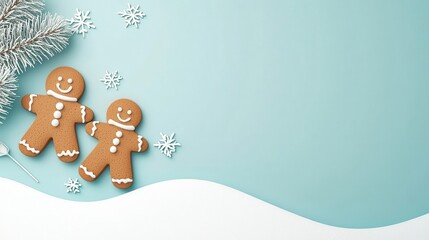 Naklejka premium Gingerbread cookies skiing together, snowy hill, vibrant holiday colors, cozy Christmas scene