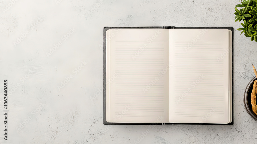 Poster open notebook on a textured surface, accompanied by a plant and a small pastry, creating a calm work