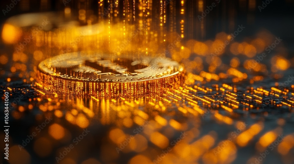 Poster a close-up view reveals a bitcoin surrounded by shimmering digital effects, highlighting its signifi