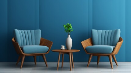 interior design concept armchair with blue upholstery coffee table with wooden surface on blue wall background 