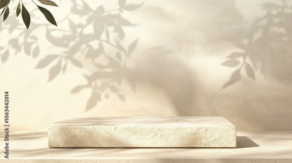 Poster simple stone podium on beige backdrop with a soft leaf shadow, featuring ample copy space