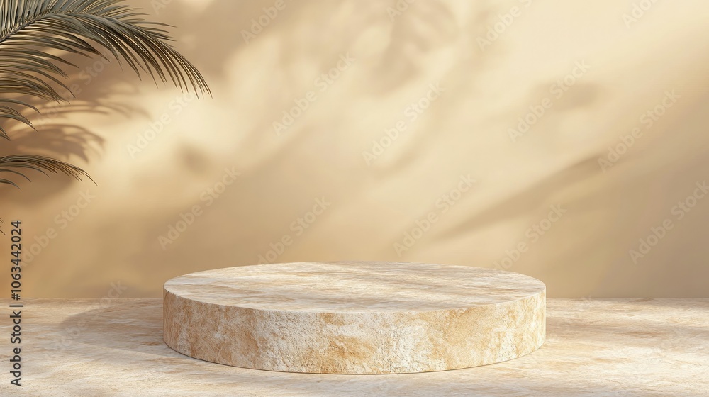 Poster simple stone podium on beige backdrop with a soft leaf shadow, featuring ample copy space