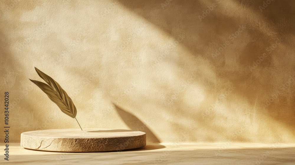 Poster simple stone podium on beige backdrop with a soft leaf shadow, featuring ample copy space