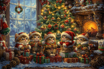 Obraz premium Adorable Kitten Enjoying a Festive Christmas Party with Holiday Cheer