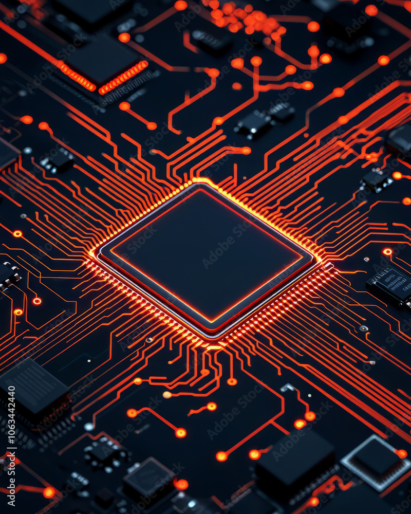Aufkleber high tech circuit board with glowing orange lines and central processor