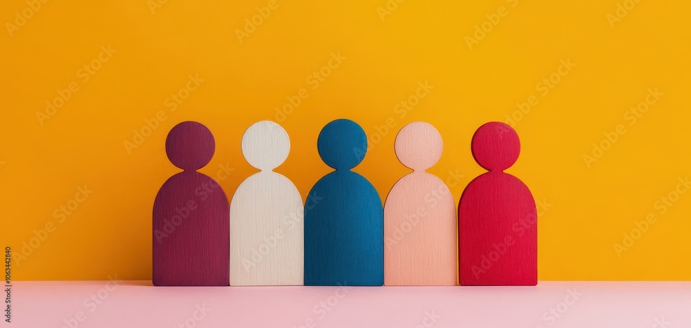 Poster colorful abstract representation of five simplified figures standing together against a vibrant yell
