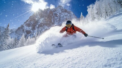 A skier in bright, sleek gear gliding down a snow-covered mountain with majestic peaks 