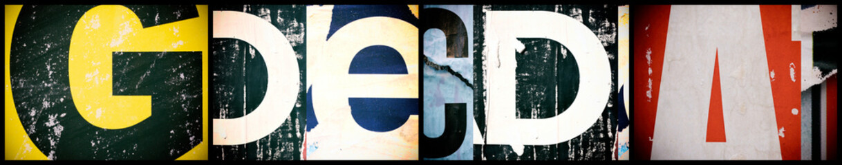 Collage of ABCDEFG ripped torn advertisement street posters grunge creased crumpled paper texture background placard backdrop surface © Nikola
