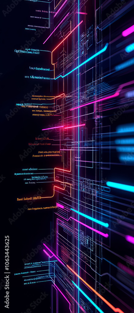 Poster digital technology with vibrant neon lines and data streams