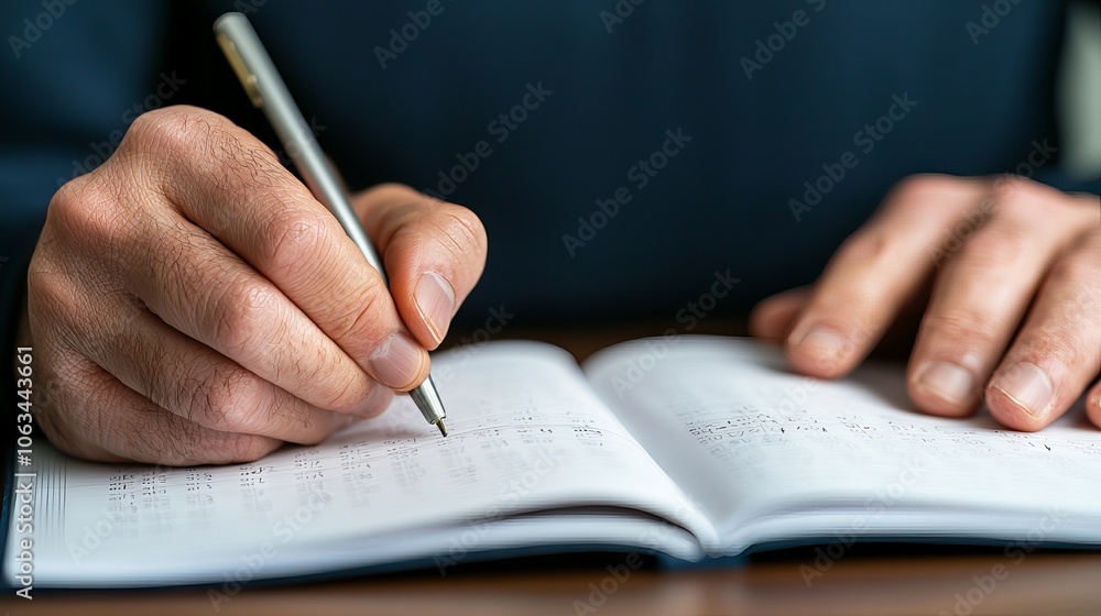 Poster a person is writing in a notebook with a pen, focusing on notes or sketches.