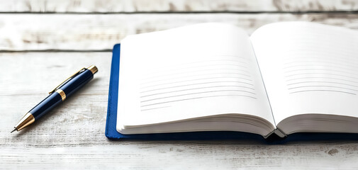 An open notebook rests on a rustic wooden surface, accompanied by a blue pen, inviting creativity and reflection.