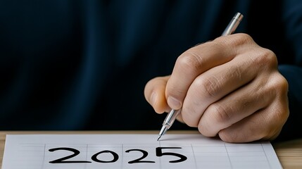 A hand writes "2025" on a calendar page, symbolizing future planning, goals, and the passage of time.