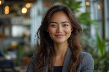Fototapeta premium blasian female businesswoman smiling at her desktop computer in a bright and creative office environment her expression conveys confidence and success during a video call