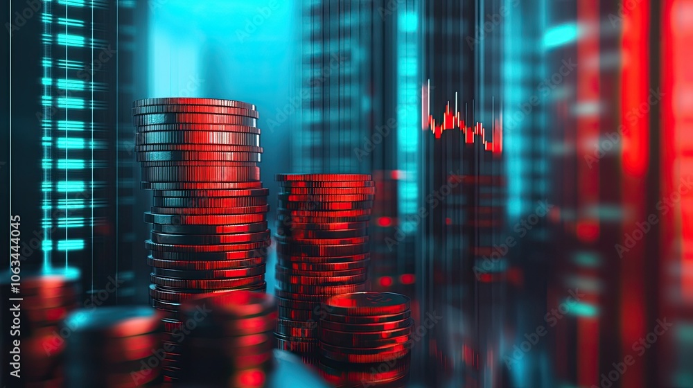 Poster digital finance concept with coins and data visualizations