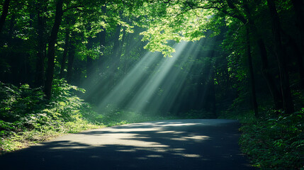 Obraz premium A serene forest scene with sunlight streaming through the trees, illuminating a quiet road surrounded by lush greenery.