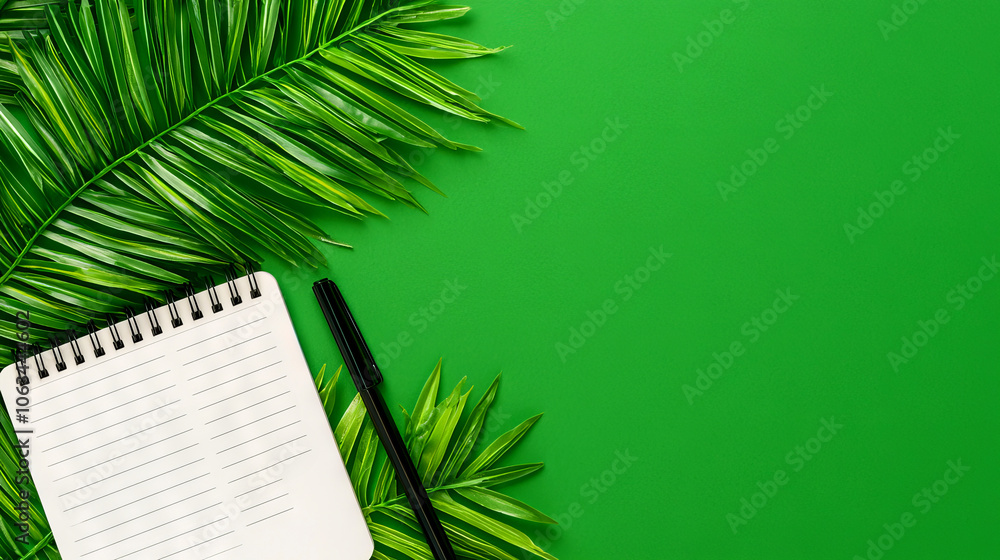 Poster a vibrant green background features a notebook and a black pen, surrounded by lush palm leaves, crea
