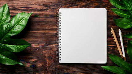 A blank spiral notebook surrounded by green leaves on a wooden surface, inviting creativity and inspiration.