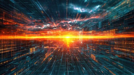 Dynamic Digital Sunrise Over Futuristic Landscape