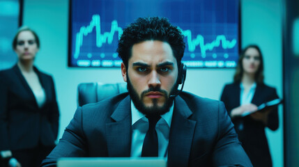 focused young man in suit with headset, analyzing data in office. Two women in business attire are present in background, emphasizing professional environment