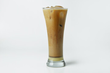 Chocolate iced coffee in glass on white background