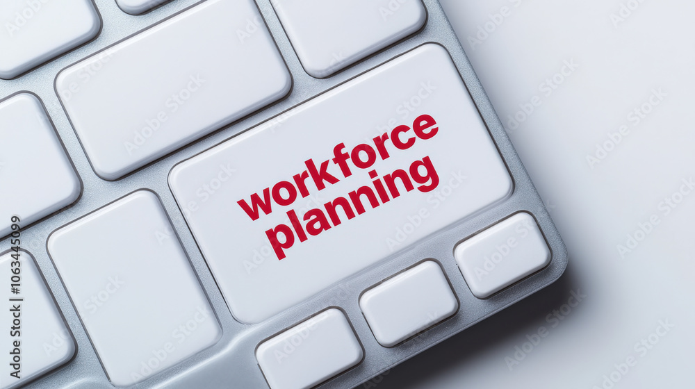 Poster workforce planning is highlighted on keyboard key, symbolizing strategic management. this emphasizes