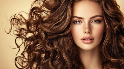 Fototapeta premium Confident woman with voluminous hair styled in natural curls, looking relaxed on a soft backdrop