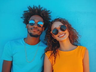 Two people wearing sunglasses smile warmly against a vibrant blue background, exuding a cheerful and relaxed vibe.