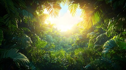 A breathtaking view of a lush, vibrant jungle at sunrise, with sunlight filtering through dense foliage, creating a serene and tranquil atmosphere.