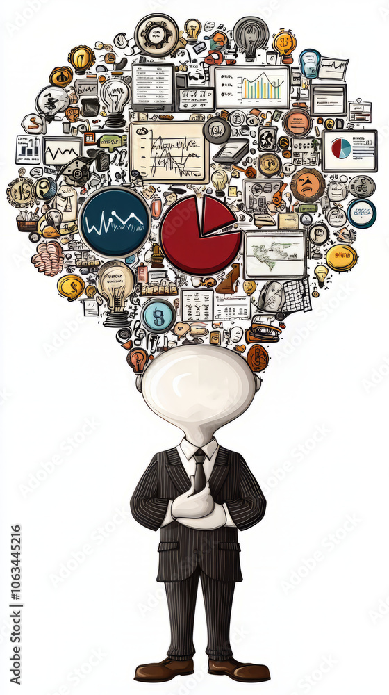 Poster businessman with pie charts and data graphics representing analysis