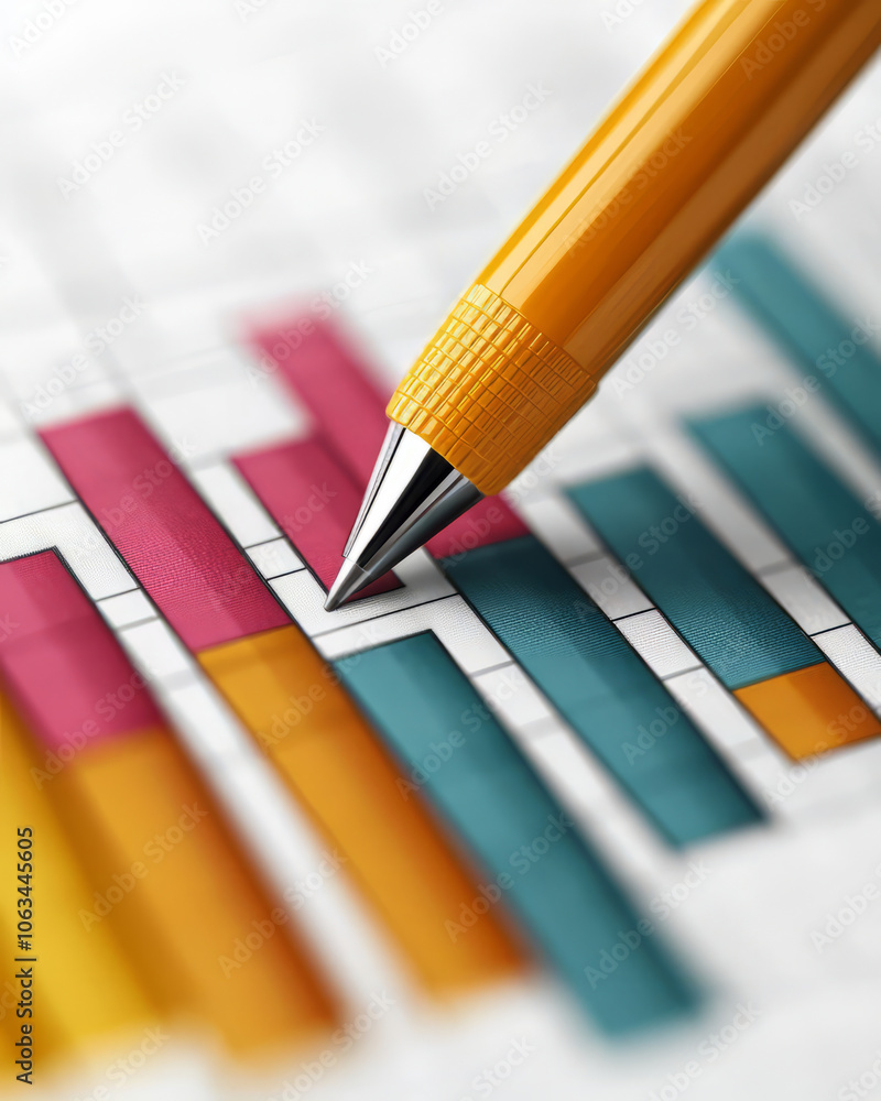 Poster close up of colorful bar graph with yellow pen highlighting data points