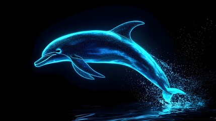 Neon Dolphin Leaping Through Glowing Turquoise Waves Against Starry Night Sky