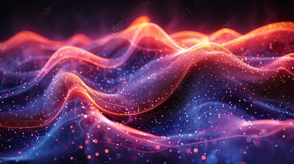 A digital art piece featuring red and blue waves with a glowing sunset in the background