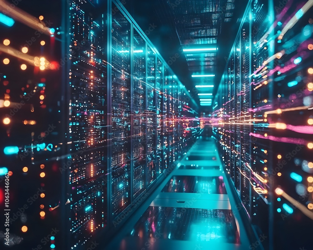 Poster sprawling high tech data center with servers and glowing cables symbolizing the backbone of the digi