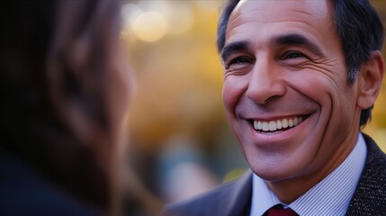 Fototapeta premium A man in a suit and tie smiles at a woman